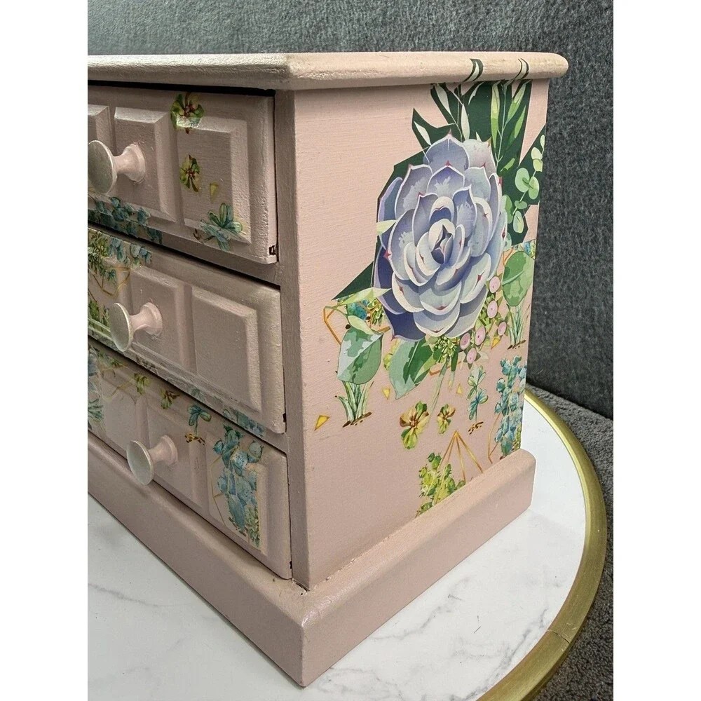 Vintage Wood Jewelry Box Hand Painted Decoupage Floral 4 Drawer Chest Organizer